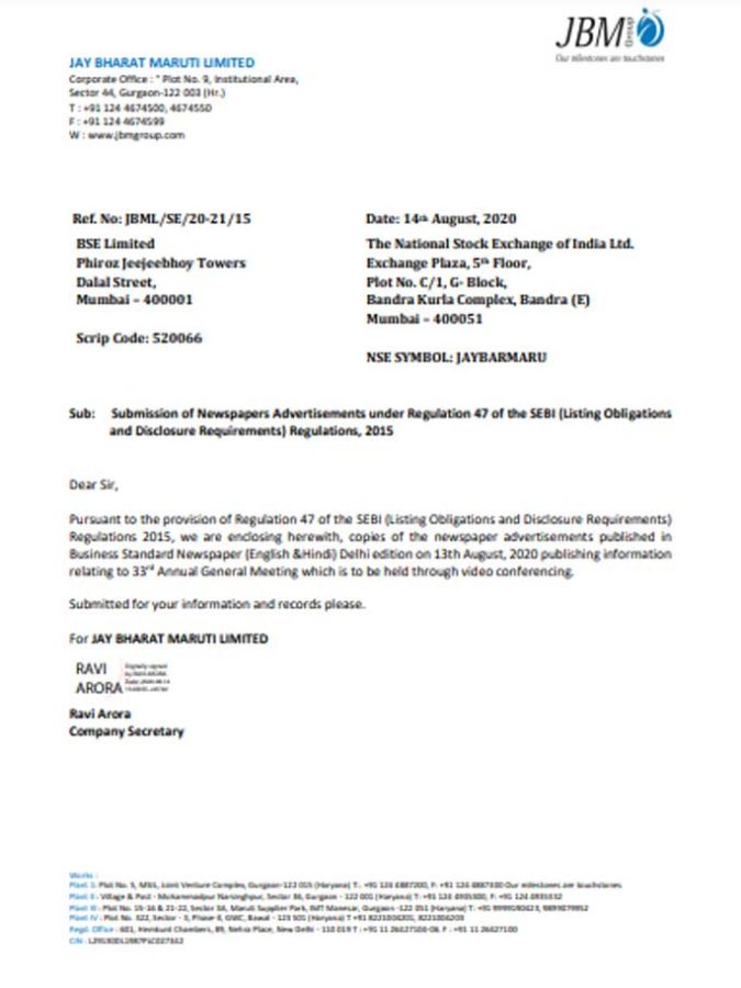 JBML Pre E AGM Intimation 10th September 2020 - JBM Group