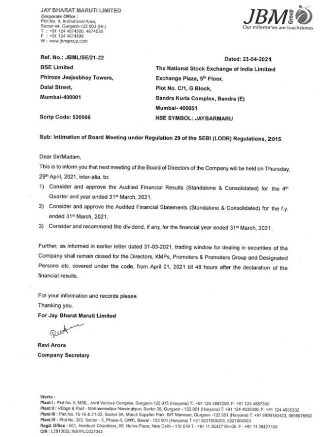 Jbml Board Meeting Notice 31st March 2021 - Jbm Group