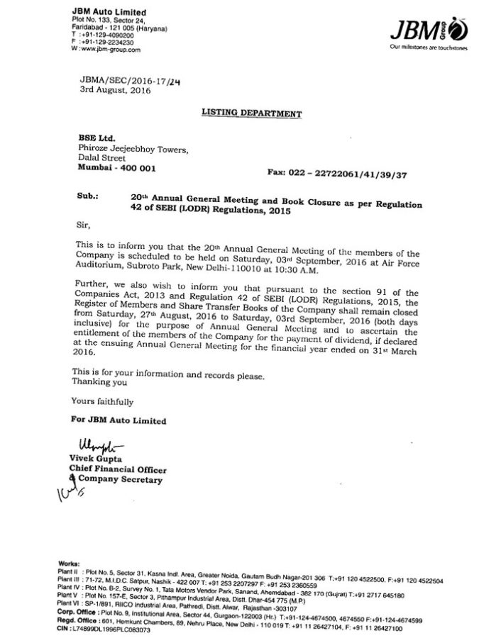 JBMA AGM Notice - BSE - JBM Group