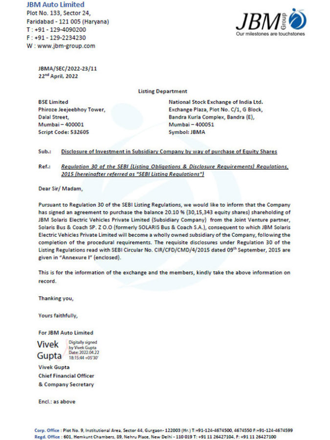 Jbma Disclosure Of Investment In Subsidiary Company By Way Of Purchase 