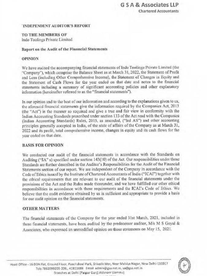 JBMA Financials of Subsidiary Company INDO Tooling Private Ltd 2021-22 ...